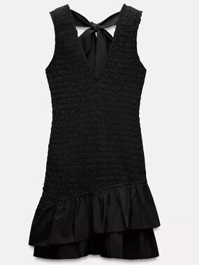 ZARA Black Smocked Short Poplin Mini Dress with Ruffles Medium M NEW NWT